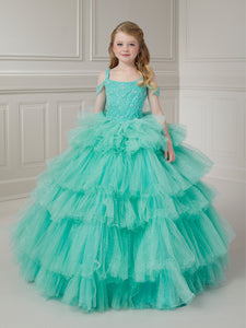 Cold Shoulder And Beaded Bodice Tiered Ruffle Ball Gown In Aqua