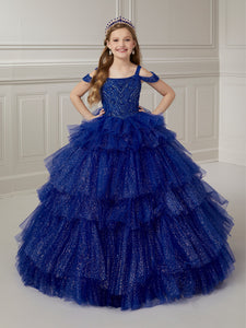 Cold Shoulder And Beaded Bodice Tiered Ruffle Ball Gown In Electric Blue