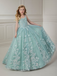 Floral Lace Bodice With Cascading Lace Tulle Skirt Ball Gown In Seafoam