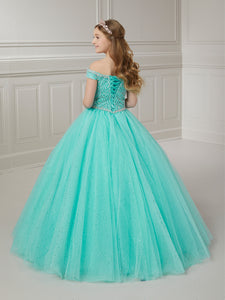 Off-The-Shoulder Beaded Bodice And Glitter Tulle Ball Gown In Aqua