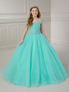 Off-The-Shoulder Beaded Bodice And Glitter Tulle Ball Gown In Aqua