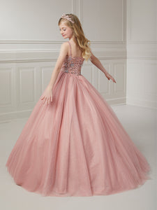 Beaded Scoop Neck With Gathered Tulle Skirt Ball Gown In Rose