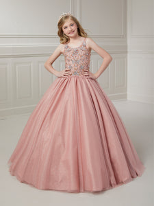 Beaded Scoop Neck With Gathered Tulle Skirt Ball Gown In Rose