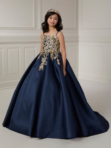 Beaded Lace And Box Pleated A-Line Mikado Ball Gown In Navy Gold