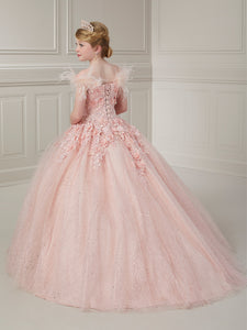 3D Floral Sequin Lace And Glitter Tulle Ball Gown With Detachable Feather Shoulder Overlay In Blush