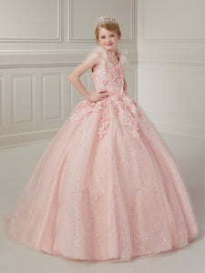 3D Floral Sequin Lace And Glitter Tulle Ball Gown With Detachable Feather Shoulder Overlay In Blush