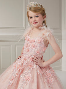 3D Floral Sequin Lace And Glitter Tulle Ball Gown With Detachable Feather Shoulder Overlay In Blush