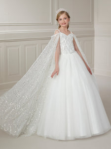 Sequin And Sparkle Tulle Ball Gown With Detachable Beaded Sheer Cape Sleeves In Ivory