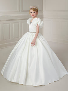 Ruffle Sleeve Jeweled Neck And Waist Ball Gown In Ivory