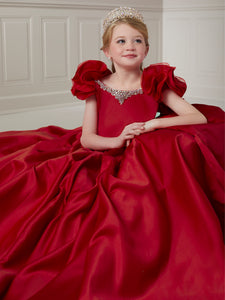 Ruffle Sleeve Jeweled Neck And Waist Ball Gown In Red