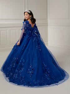 Scoop Neck Lace And Glitter Tulle Ball Gown With Detachable Cape In Royal