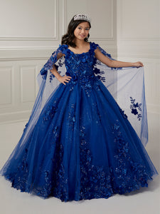 Scoop Neck Lace And Glitter Tulle Ball Gown With Detachable Cape In Royal