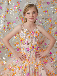 Allover Multi Sequin Floral V-Neck Ball Gown In Blush Multi