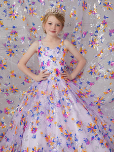 Allover Multi Sequin Floral V-Neck Ball Gown In Lilac Multi