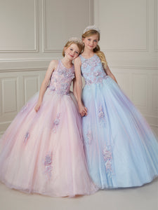 3D Floral Scoop Neck And Cotton Candy Tulle Ball Gown In Pink Cotton Candy