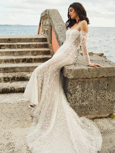 Allover Lace Fit And Flare Gown With Detachable Sleeves In Ivory/Almond/Hazelnut In Ivory Ivory Nude