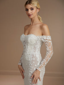 Allover Lace Fit And Flare Gown With Detachable Sleeves In Ivory/Almond/Hazelnut In Ivory Ivory Nude