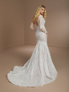 Allover Lace Gown With Detachable Sleeves In Ivory/Hazelnut In Ivory Hazelnut