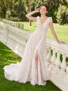 All Over 3D Floral Lace Gown In Ivory Almond