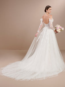 Lace Gown With Detachable Long Sleeve And Overskirt In Ivory Almond