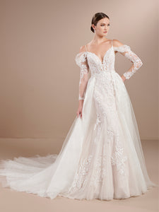 Lace Gown With Detachable Long Sleeve And Overskirt In Ivory Almond