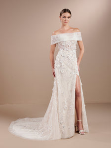 Detachable Tulle Cape Strapless 3D Floral Gown In Ivory Almond