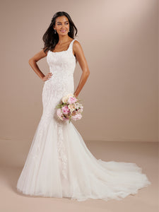 Square Neck Lace Wedding Gown In Ivory French Lilac