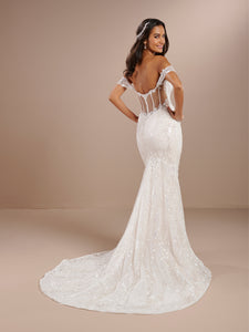 Off The Shoulder Embroidered Lace Gown In Ivory Almond
