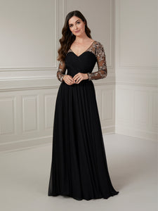 Softly Pleated Surplice Bodice With Illusion Lace Sleeves In Black Multi