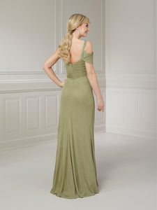 Slim One-Shoulder Gown With Beaded Strap In Sage