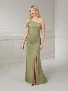 Slim One-Shoulder Gown With Beaded Strap In Sage