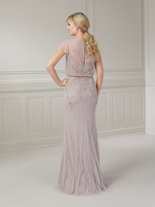Blouson Beaded Mesh Gown In Truffle