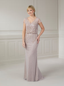 Blouson Beaded Mesh Gown In Truffle
