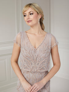 Blouson Beaded Mesh Gown In Truffle