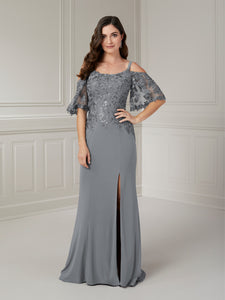Sequin & Lace Cold Shoulder Gown In Dark Platinum