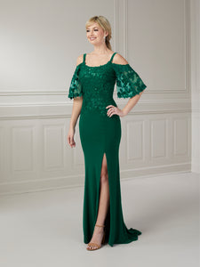 Sequin & Lace Cold Shoulder Gown In Emerald