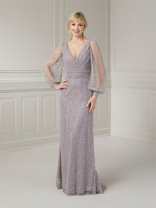 Dazzling Allover Beaded Tulle Gown In Dusty Lavender