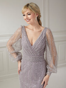 Dazzling Allover Beaded Tulle Gown In Dusty Lavender