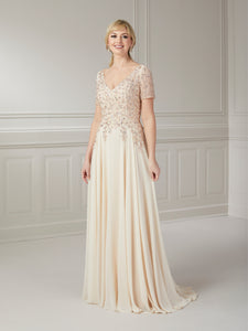 V-Neck Short Sleeve Beaded Gown In Almond