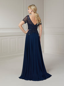 V-Neck Short Sleeve Beaded Gown In Navy
