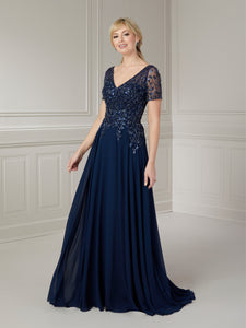 V-Neck Short Sleeve Beaded Gown In Navy