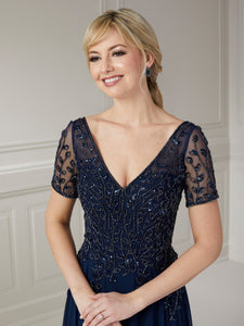 V-Neck Short Sleeve Beaded Gown In Navy