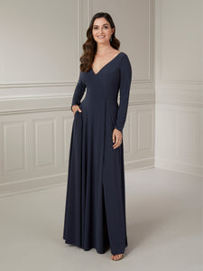 V-Neck Shimmering Jersey Gown In Charcoal