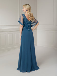 Beaded Lace & Chiffon Gown In Sapphire