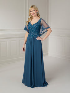 Beaded Lace & Chiffon Gown In Sapphire