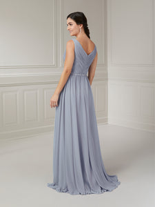 Finely Pleated Gown With Beaded Detachable Tulle Cape In Misty Blue