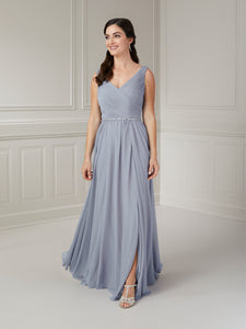 Finely Pleated Gown With Beaded Detachable Tulle Cape In Misty Blue