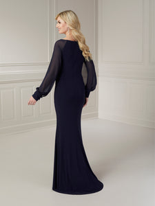 Slim Jersey Gown With Beaded Waist Feature & Mesh Sleeves In Navy