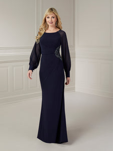 Slim Jersey Gown With Beaded Waist Feature & Mesh Sleeves In Navy