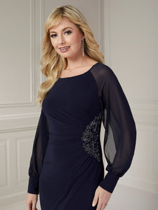 Slim Jersey Gown With Beaded Waist Feature & Mesh Sleeves In Navy